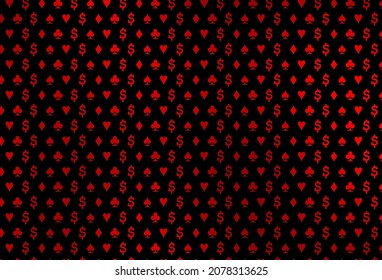 Dark red vector cover with symbols of gamble. Colored illustration with hearts, spades, clubs, diamonds. Template for business cards of casinos.