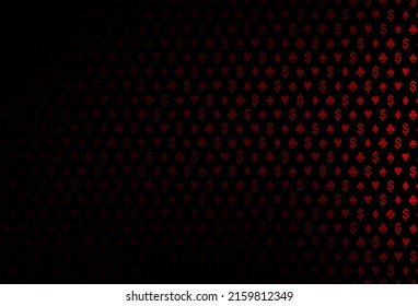 Dark red vector cover with symbols of gamble. Colorful gradient with signs of hearts, spades, clubs, diamonds. Design for ad, poster, banner of gambling websites.