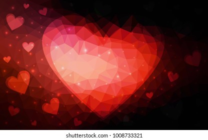 Dark Red vector greeting Card Happy Valentine's Day. Lettering with hearts on the white polygonal background. Colored triangular illustration for your business.