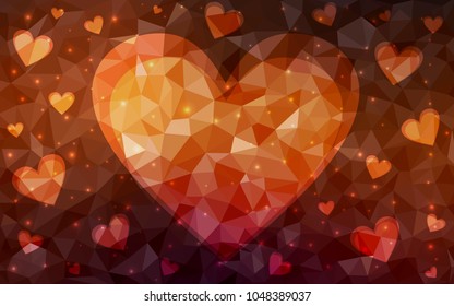 Dark Red vector greeting Card Happy Valentine's Day. Lettering with hearts on the white polygonal background. Colored triangular illustration for your business.