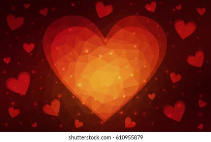 Dark Red vector greeting Card Happy Valentine's Day. Lettering with hearts on the white polygonal background. Colored triangular illustration for your business.