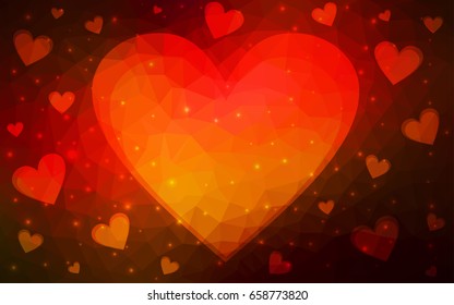 Dark Red vector greeting Card Happy Valentine's Day. Lettering with hearts on the white polygonal background. Colored triangular illustration for your business.