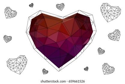 Dark Red vector greeting Card Happy Valentine's Day. Lettering with hearts on the white polygonal background. Colored triangular illustration for your business.
