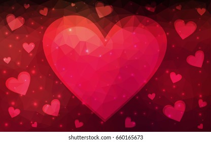 Dark Red vector greeting Card Happy Valentine's Day. Lettering with hearts on the white polygonal background. Colored triangular illustration for your business.