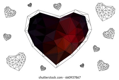 Dark Red vector greeting Card Happy Valentine's Day. Lettering with hearts on the white polygonal background. Colored triangular illustration for your business.