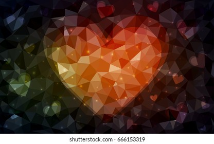 Dark Red vector greeting Card Happy Valentine's Day. Lettering with hearts on the white polygonal background. Colored triangular illustration for your business.