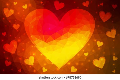 Dark Red vector greeting Card Happy Valentine's Day. Lettering with hearts on the white polygonal background. Colored triangular illustration for your business.