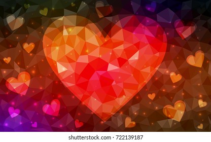 Dark Red vector greeting Card Happy Valentine's Day. Lettering with hearts on the white polygonal background. Colored triangular illustration for your business.