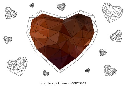 Dark Red vector greeting Card Happy Valentine's Day. Lettering with hearts on the white polygonal background. Colored triangular illustration for your business.