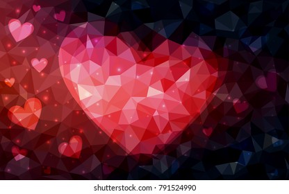 Dark Red vector greeting Card Happy Valentine's Day. Lettering with hearts on the white polygonal background. Colored triangular illustration for your business.