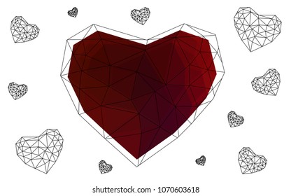 Dark Red vector heart isolated on white background. Geometric rumpled triangular low poly origami style gradient graphic illustration. Polygonal design for your business.