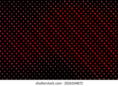 Dark red vector layout with elements of cards. Colored illustration with hearts, spades, clubs, diamonds. Pattern for leaflets of poker games, events.