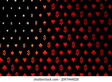 Dark red vector layout with elements of cards. Colored illustration with hearts, spades, clubs, diamonds. Pattern for booklets, leaflets of gambling houses.