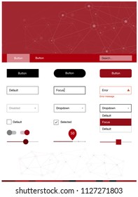 Dark Red vector Material Design Kit with lines, circles. Colorful ui/ux kit with triangles, circles in header. Simple colorful design for websites.