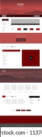 Dark Red vector Material Design Kit with hills. Beautiful ui ux kit with colorful mountains in its header. Template for website of outdoor activities.