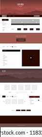 Dark Red vector Material Design Kit with hills. Modern Style guide with colorful gradient mountains in its header. Template for website of outdoor activities.