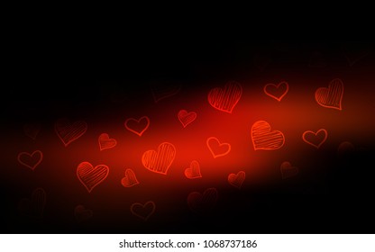 Dark Red vector pattern with colorful hearts. Hearts on blurred abstract background with colorful gradient. Template for Valentine's greeting postcards.