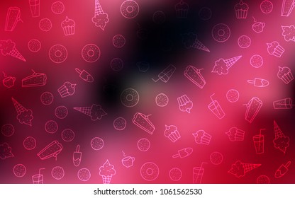 Dark Red vector pattern with delicious cookies. Glitter abstract sketch with sweets, candies, desserts. Pattern for menu of cafes and restaurants.