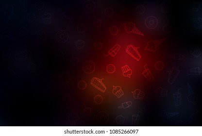 Dark Red vector pattern with delicious cookies. Glitter abstract sketch with sweets, candies, desserts. Design for ad, poster, banner of cafes or restaurants.