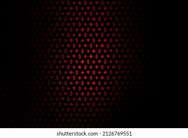 Dark red vector pattern with symbol of cards. Colored illustration with hearts, spades, clubs, diamonds. Design for ad, poster, banner of gambling websites.