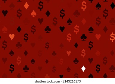 Dark red vector pattern with symbol of cards. Shining illustration with hearts, spades, clubs, diamonds. Pattern for leaflets of poker games, events.
