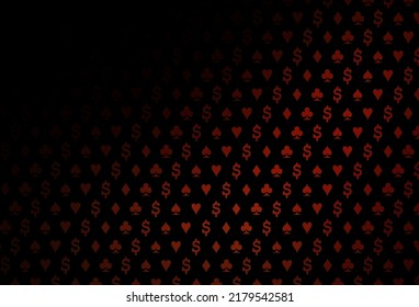 Dark red vector pattern with symbol of cards. Blurred decorative design of hearts, spades, clubs, diamonds. Pattern for ads of parties, events in Vegas.