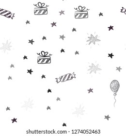 Dark Red vector seamless backdrop in holiday style. Shining illustration with a toy car, baloon, candy, star, ball. Pattern for birthday gifts.