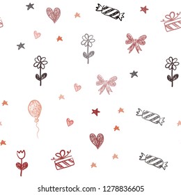 Dark Red vector seamless backdrop in holiday style. Design in xmas style with aheart, baloon, candy, gift, star, ribbon. Template for new year postcards.