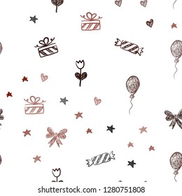 Dark Red vector seamless backdrop in holiday style. Illustration with a gradientheart, baloon, candy, gift, star, ribbon. Design for colorful commercials.