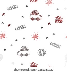 Dark Red vector seamless backdrop in holiday style. Design in xmas style with a toy car, baloon, candy, star, ball. Pattern for new year ads.