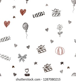 Dark Red vector seamless backdrop in holiday style. Illustration with a colorfulheart, baloon, candy, gift, star, ribbon. Template for new year postcards.