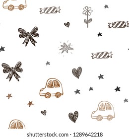 Dark Red vector seamless backdrop with holiday gifts. Design in xmas style with a toy car, heart, baloon, tulip, candy, ball. Design for colorful commercials.