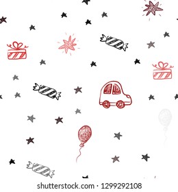 Dark Red vector seamless backdrop in holiday style. Illustration with a colorful toy car, baloon, candy, star, ball. Template for new year postcards.