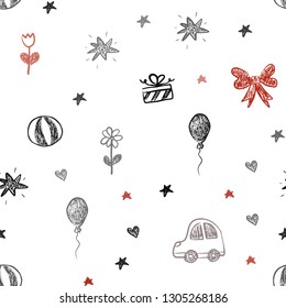 Dark Red vector seamless backdrop with holiday gifts. Illustration with a gradient toy car, heart, baloon, tulip, candy, ball. Design for holiday adverts.