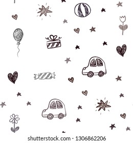 Dark Red vector seamless backdrop with holiday gifts. Illustration with a gradient toy car, heart, baloon, tulip, candy, ball. Design for colorful commercials.