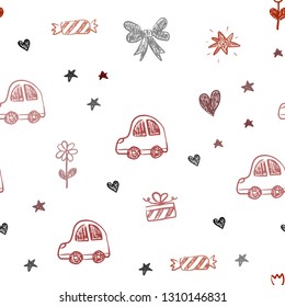 Dark Red vector seamless backdrop with holiday gifts. Illustration with a colorful toy car, heart, baloon, tulip, candy, ball. Pattern for new year ads.