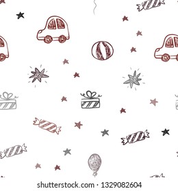 Dark Red vector seamless backdrop in holiday style. Colorful illustration with a toy car, baloon, candy, star, ball. Design for colorful commercials.