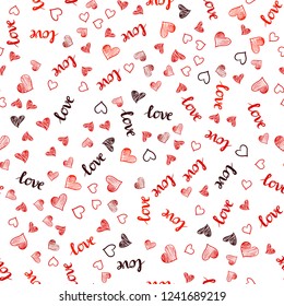 Dark Red vector seamless background with words of love, hearts. Colorful gradient phrase LOVE YOU, hearts in abstract style. Texture for window blinds, curtains.
