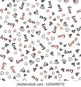 Dark Red vector seamless background with words of love, hearts. Illustration with words of love, hearts in abstract style. Pattern for trendy fabric, wallpapers.