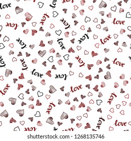 Dark Red vector seamless background with words of love, hearts. Illustration with words of love, hearts in abstract style. Design for wallpaper, fabric makers.