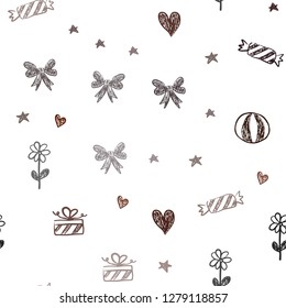Dark Red vector seamless background in xmas style. Illustration with a colorfulheart, baloon, candy, gift, star, ribbon. Pattern for carnival, festival ads.