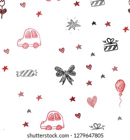 Dark Red vector seamless background with xmas attributes. Illustration with a gradient toy car, heart, baloon, tulip, candy, ball. Design for holiday adverts.