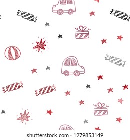 Dark Red vector seamless background in xmas style. Colorful illustration with a toy car, baloon, candy, star, ball. Pattern for carnival, festival ads.