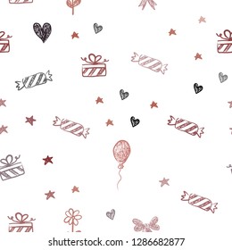 Dark Red vector seamless background in xmas style. Colorful illustration with aheart, baloon, candy, gift, star, ribbon. Template for new year postcards.
