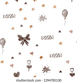 Dark Red vector seamless background with xmas attributes. Shining illustration with a toy car, heart, baloon, tulip, candy, ball. Pattern for carnival, festival ads.