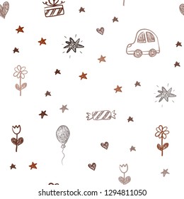 Dark Red vector seamless background with xmas attributes. Illustration with a gradient toy car, heart, baloon, tulip, candy, ball. Pattern for birthday gifts.