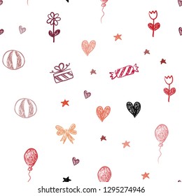 Dark Red vector seamless background in xmas style. Illustration with a gradientheart, baloon, candy, gift, star, ribbon. Template for new year postcards.
