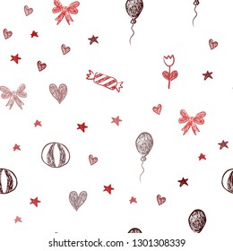 Dark Red vector seamless background in xmas style. Design in xmas style with aheart, baloon, candy, gift, star, ribbon. Design for colorful commercials.