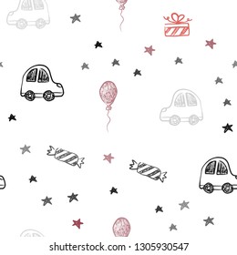 Dark Red vector seamless background in xmas style. Illustration with a gradient toy car, baloon, candy, star, ball. Design for colorful commercials.