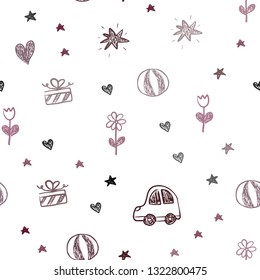 Dark Red vector seamless background with xmas attributes. Illustration with a gradient toy car, heart, baloon, tulip, candy, ball. Pattern for new year ads.